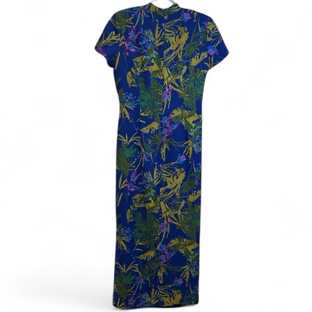 Vintage 90s David Warren Faux Wrap Chiffon Midi Dress Tropical Floral Blue 10 - Picture 7 of 7